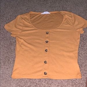 Mustard Yellow, buttoned, hippie rose tee.